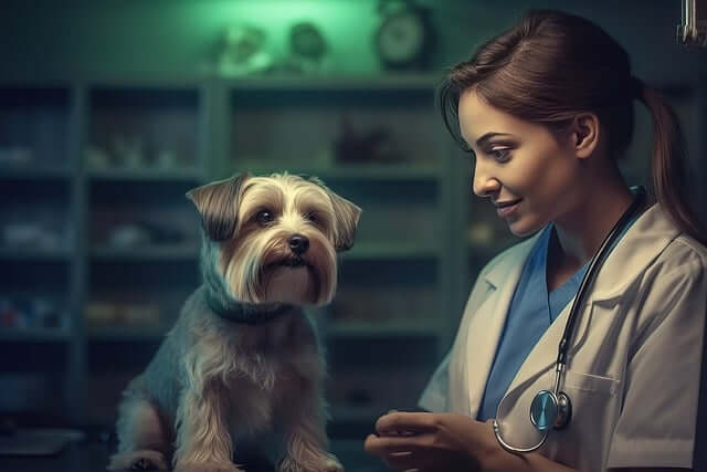 uma mulher veterinária com estetoscópio no pescoço e um cachorrinho